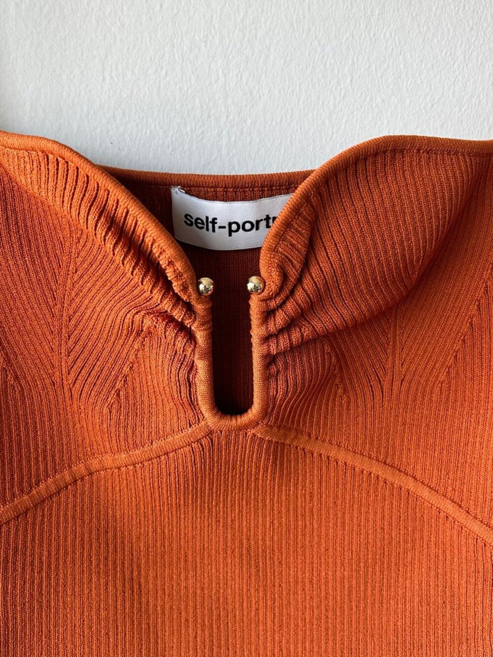 Self-Portrait Cinnamon Ribbed Knit Top Lace Panel Cutout Women Size L - Picture 4 of 12
